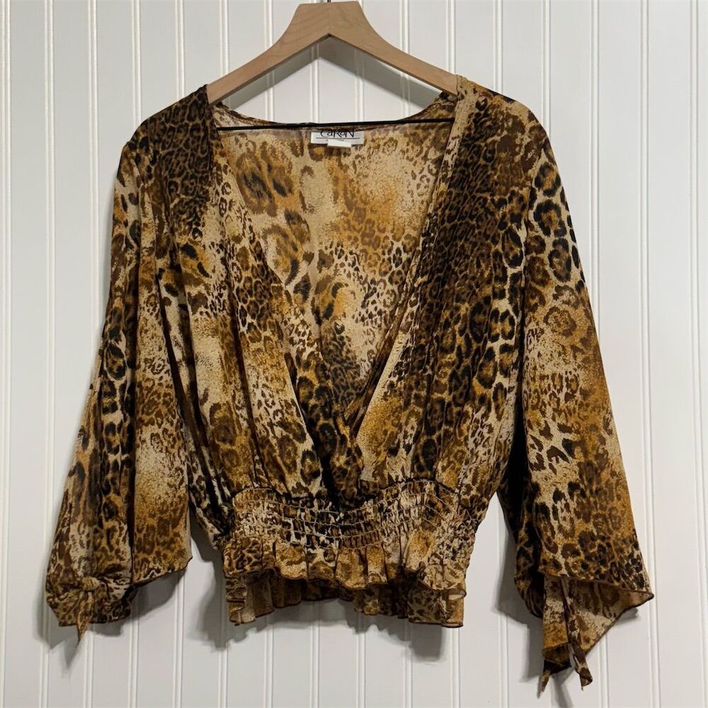 VTG Cara New York Leopard Top 1X Plus Sz Sheer Smocked Wrap Y2K Mob Wife‎ Blouse